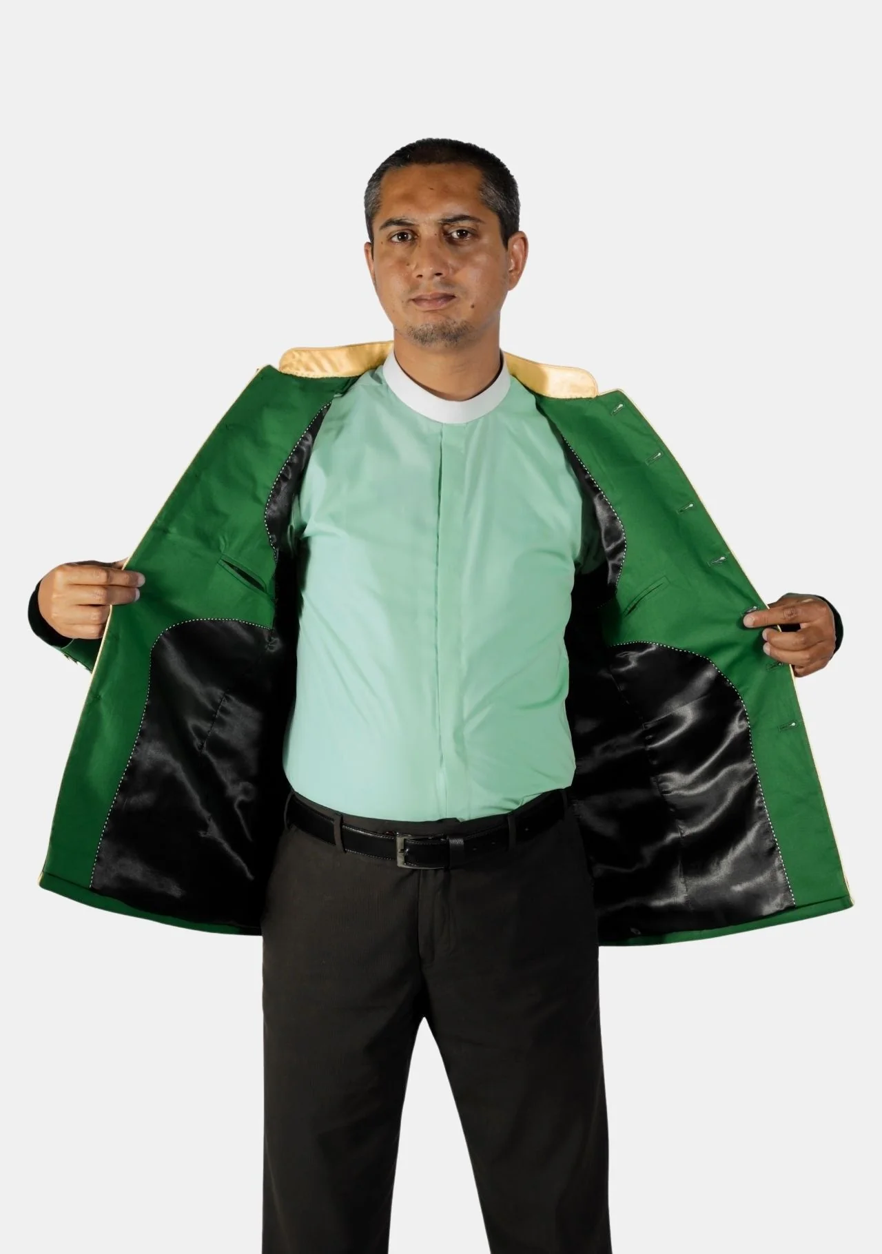 Olive Green Clergy Jacket with Gold Trim - Image 3