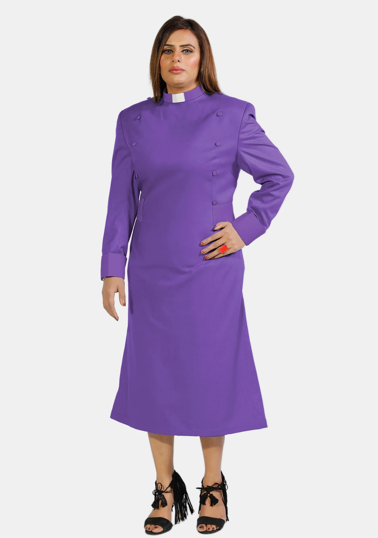 Womens Clergy Dress Roman Purple with Designer Buttons - Image 2