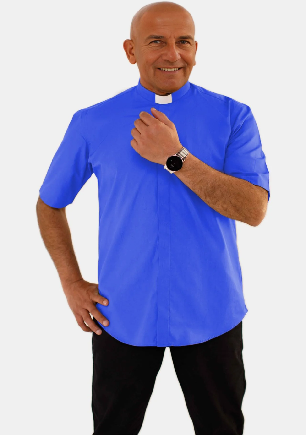 Royal Blue Short Sleeve Tab Collar Clergy Shirt for Men - Image 2