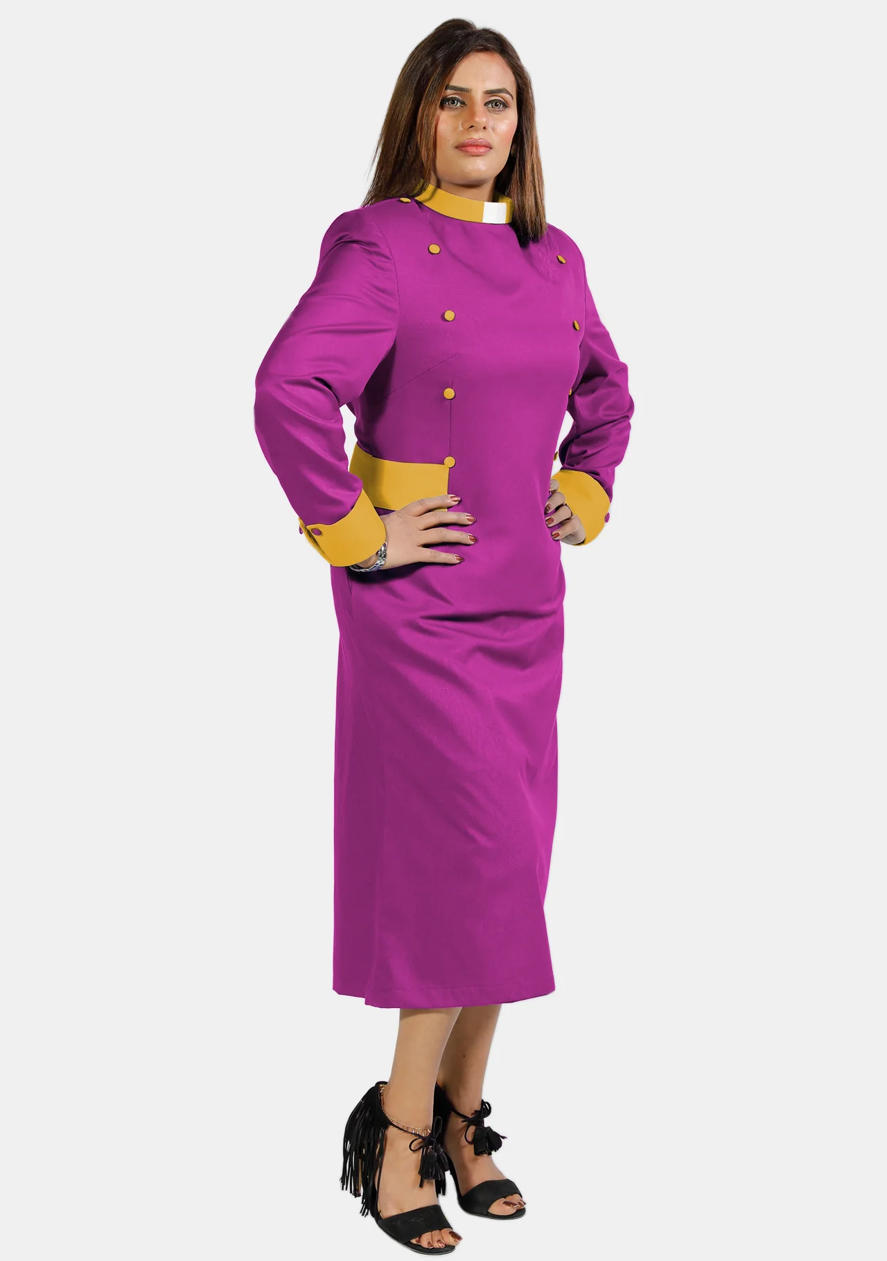 Womens Clergy Dress Red Purple with Gold Designer Buttons - Image 2